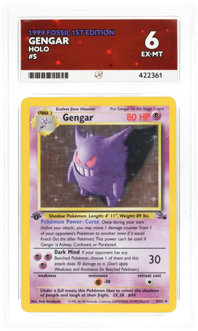 1999 gengar pokemon card 1999 Pokemon Fossil 20 Gengar 1st Edition PSA 8