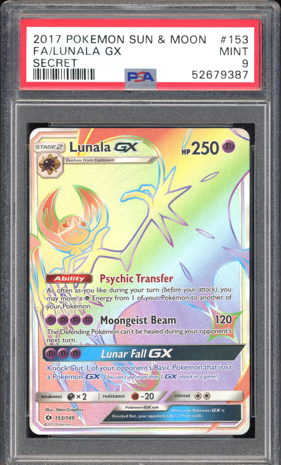 Lunala GX - PSA 9 - Sun & Moon - #153 - Secret Rare