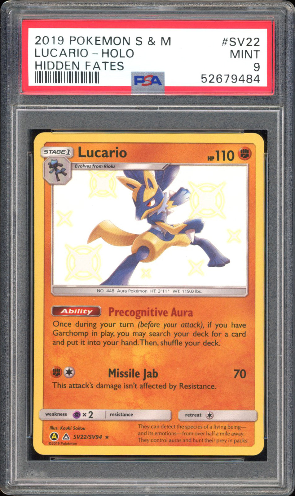Lucario - PSA 9 - Hidden Fates - #SV22 - Holo