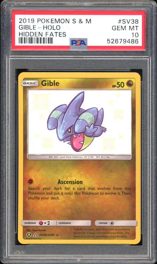Gible - PSA 10 - Hidden Fates - #SV38 - Holo