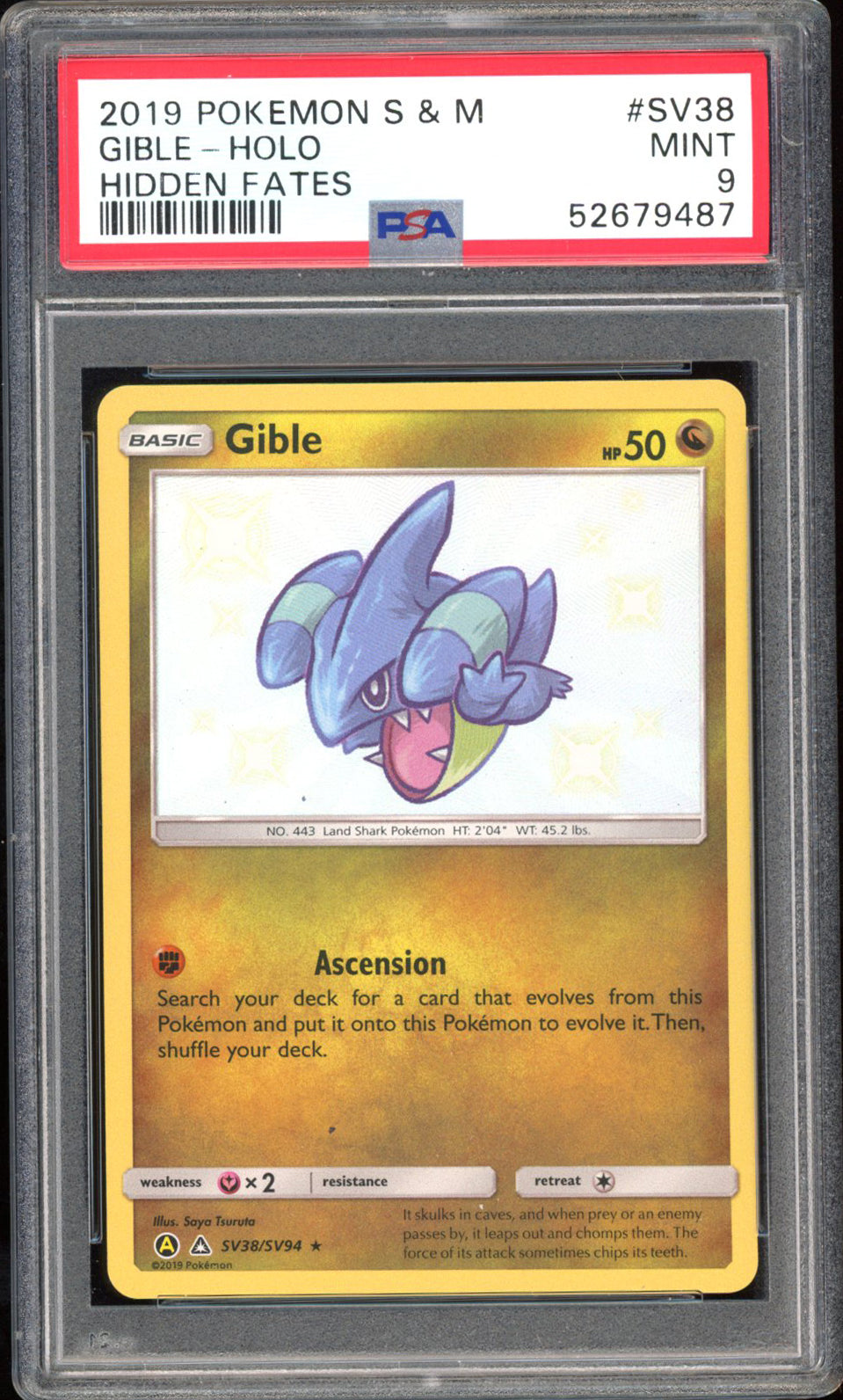 Gible - PSA 9 - Hidden Fates - #SV38 - Holo