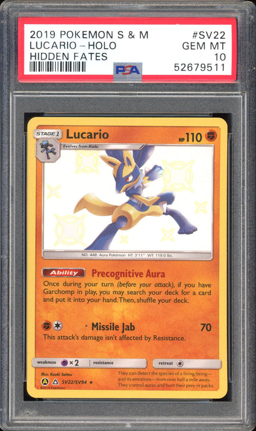 Lucario - PSA 10 - Hidden Fates - #SV22 - Holo