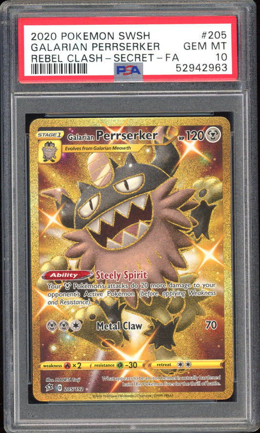 Galarian Perserker - PSA 10 - Rebel Clash - #205 - Secret Rare