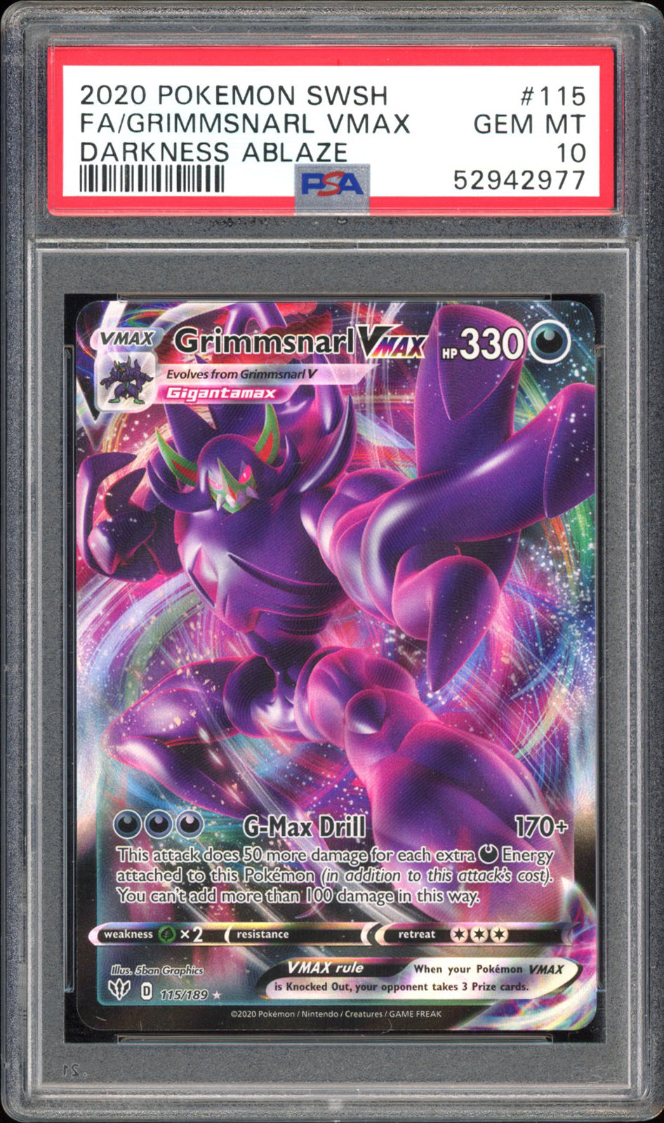 Grimmsnarl VMAX - PSA 10 - Darkness Ablaze - #115 - Full Art