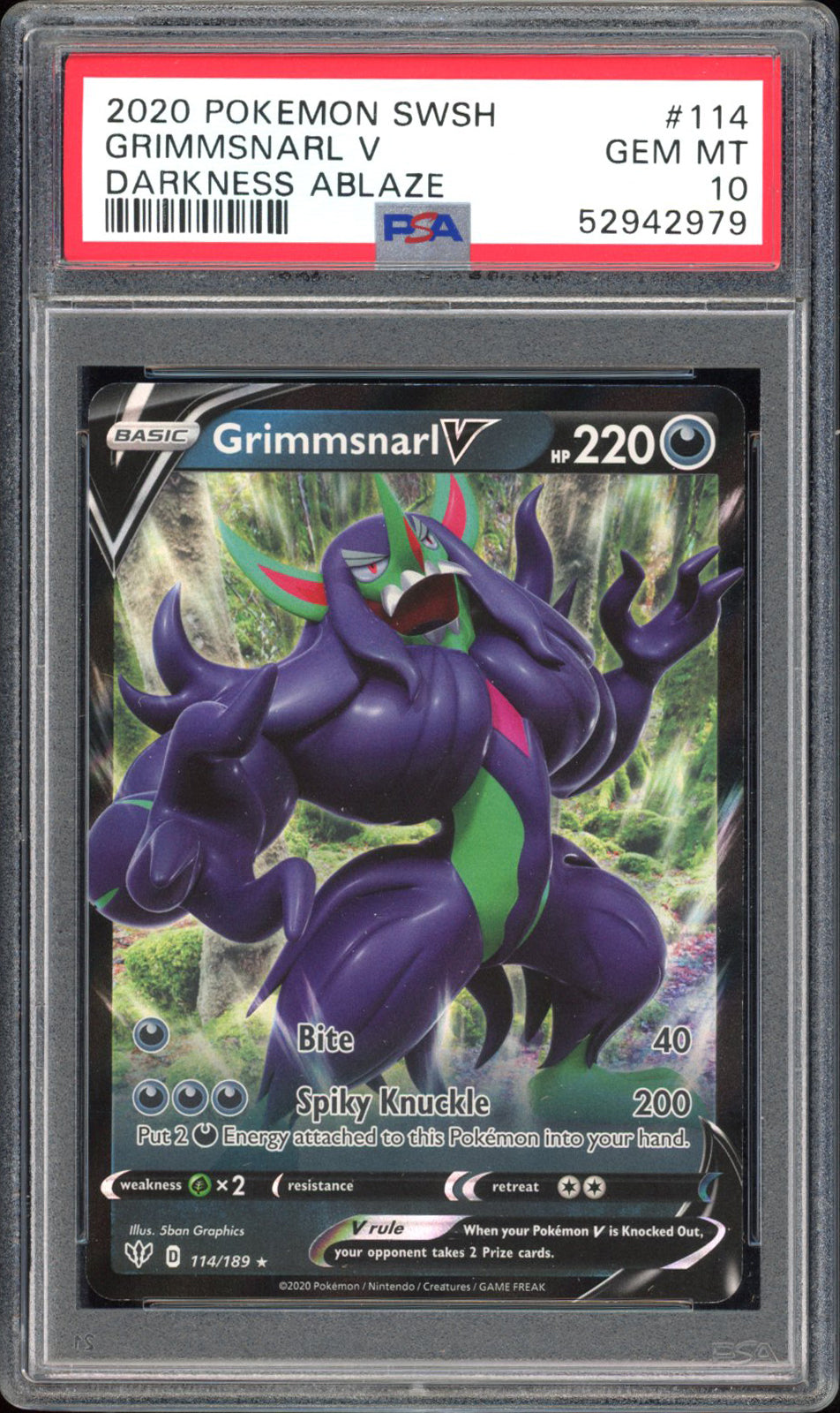 Grimmsnarl V  - PSA 10 - Darkness Ablaze - #114 - Holo