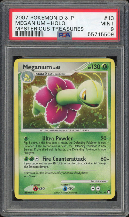 Meganium 13/123 - PSA 9 - Mysterious Treasures Holo