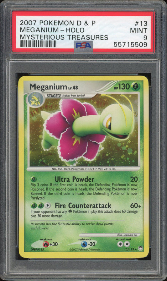 Meganium 13/123 - PSA 9 - Mysterious Treasures Holo