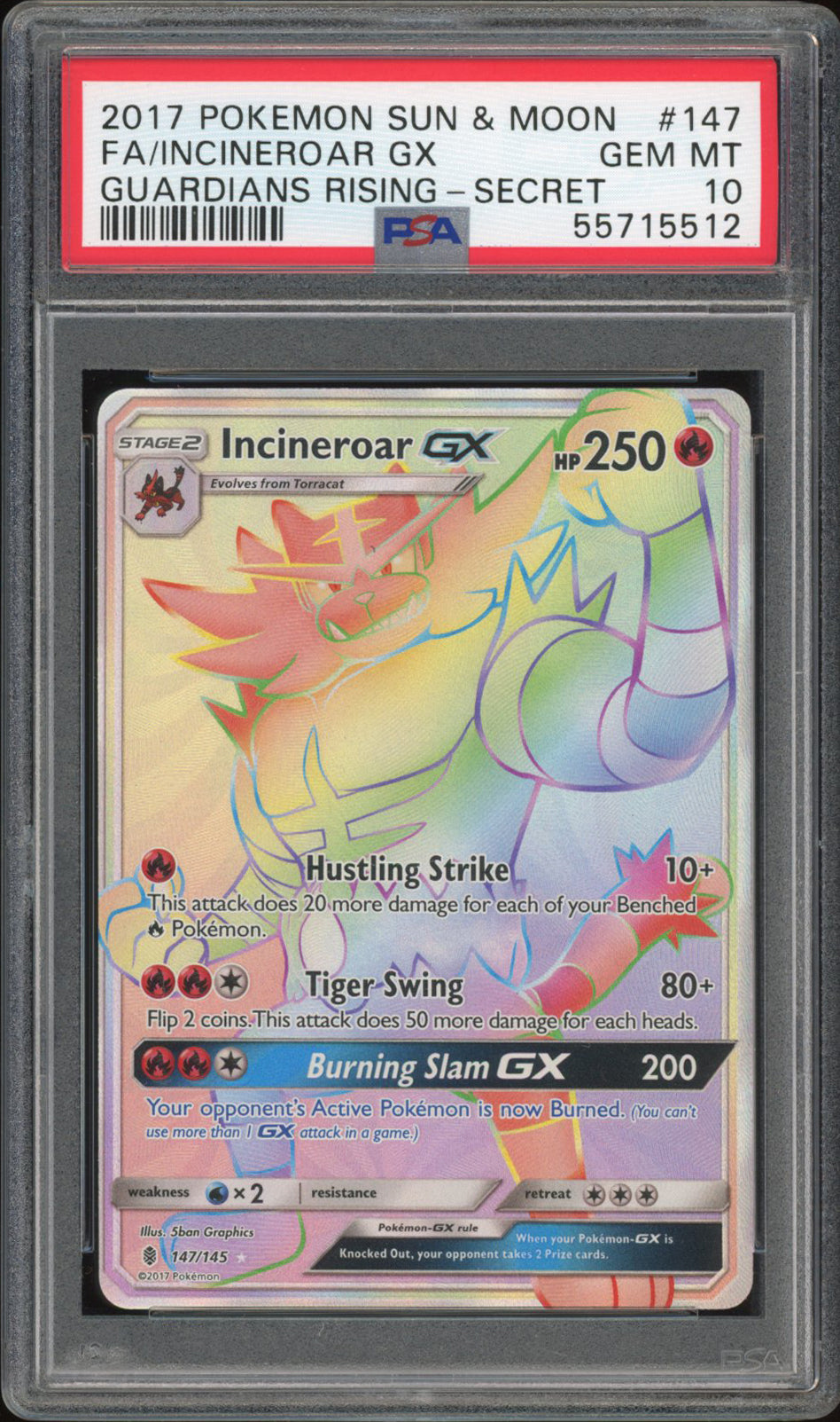 Incineroar GX 147/145 - PSA 10 - Guardians Rising Secret Rare