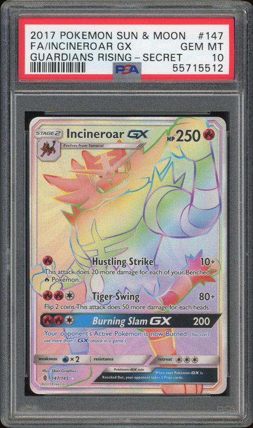 Incineroar GX 147/145 - PSA 10 - Guardians Rising Secret Rare