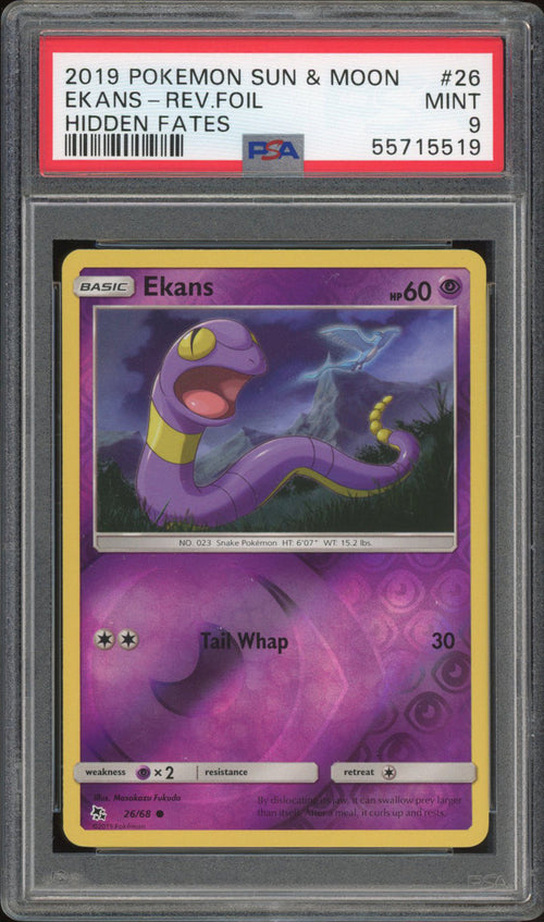 Ekans 26/68 - PSA 9 - Hidden Fates Rev. Holo