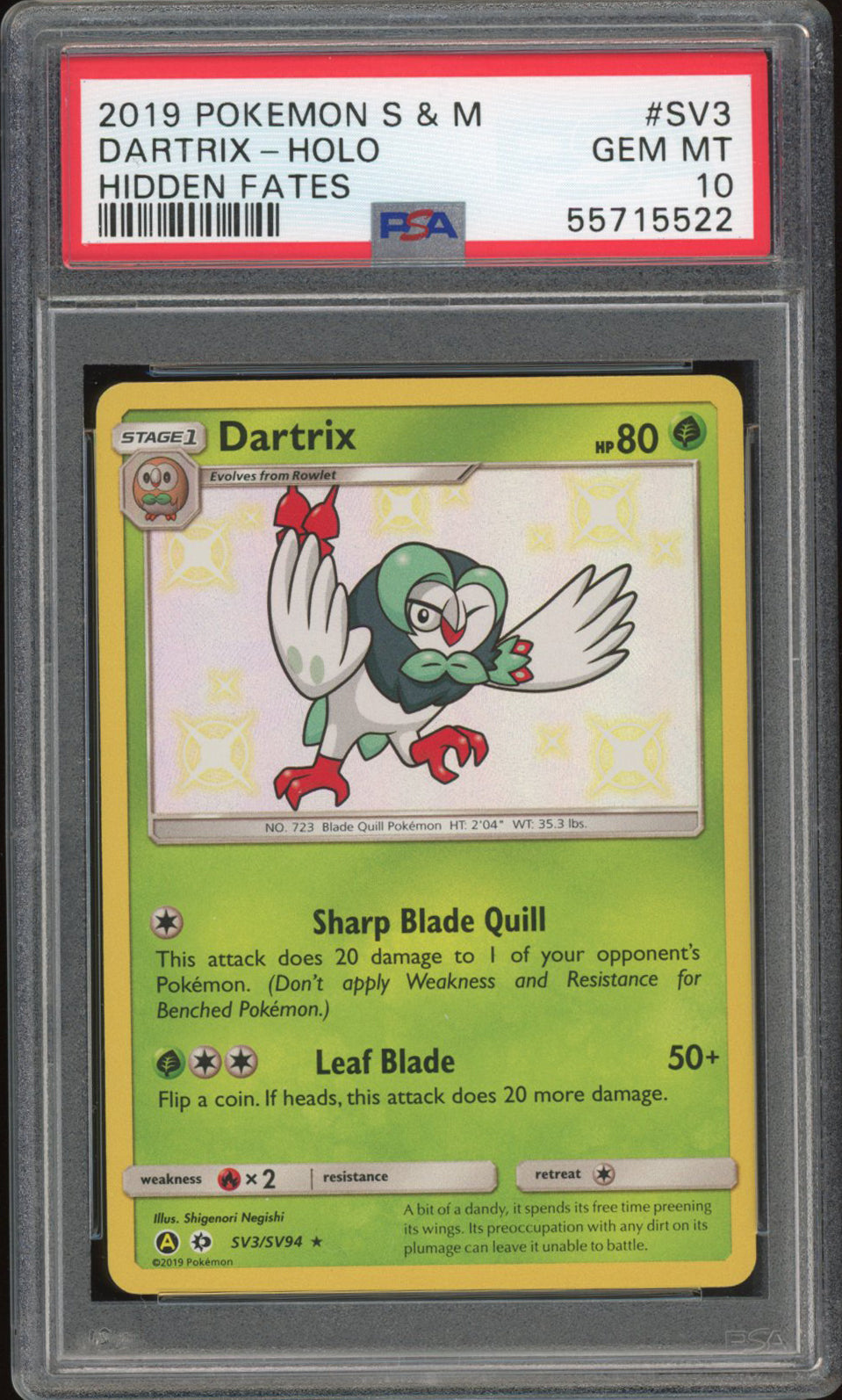Dartrix SV3 - PSA 10 - Hidden Fates Holo