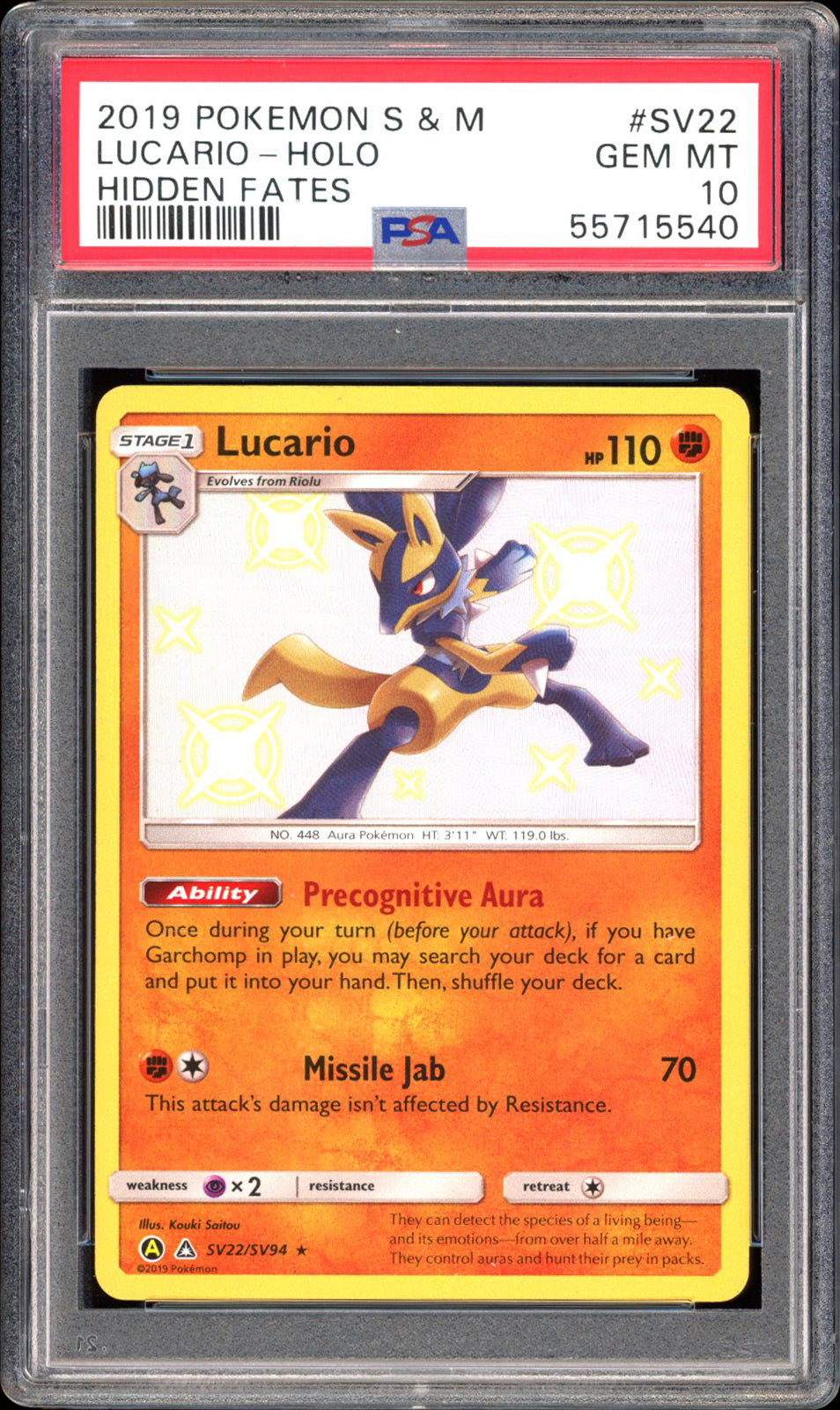 Lucario SV22 - PSA 10 - Hidden Fates Holo