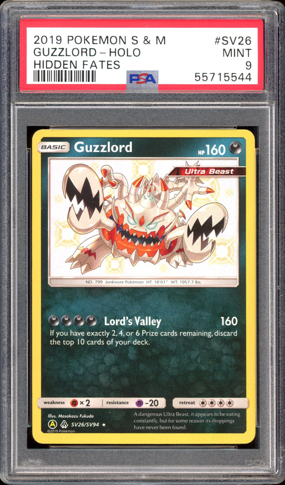 Guzzlord SV26 - PSA 9 - Hidden Fates Holo