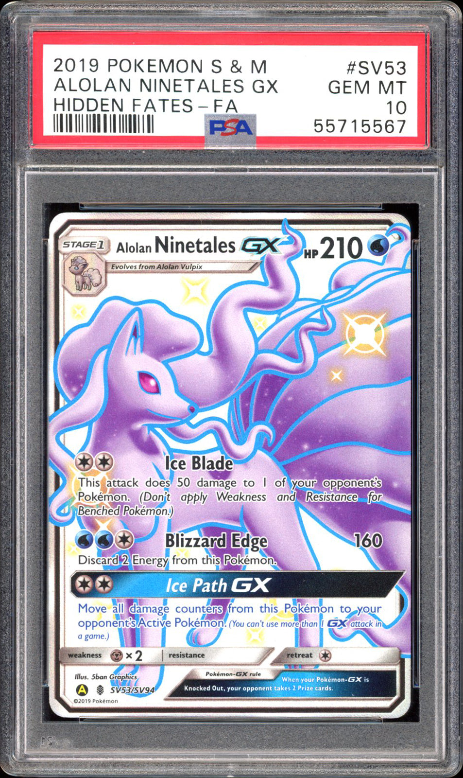 Alolan Ninetales GX SV53 - PSA 10 - Hidden Fates Full Art