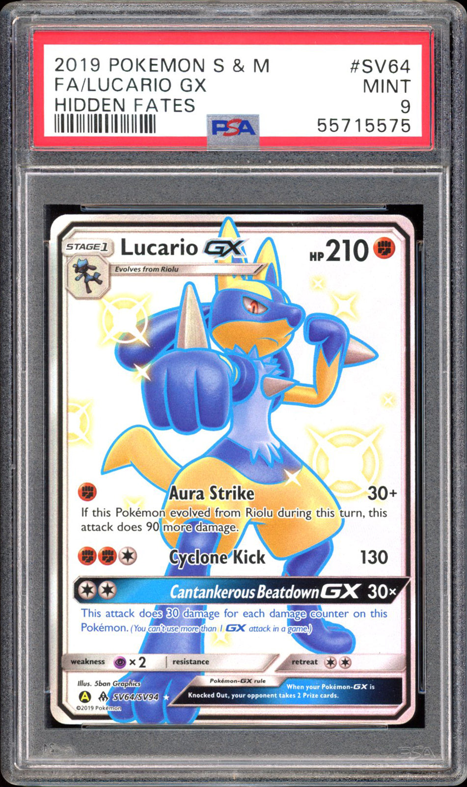 Lucario GX SV64 - PSA 9 - Hidden Fates Full Art