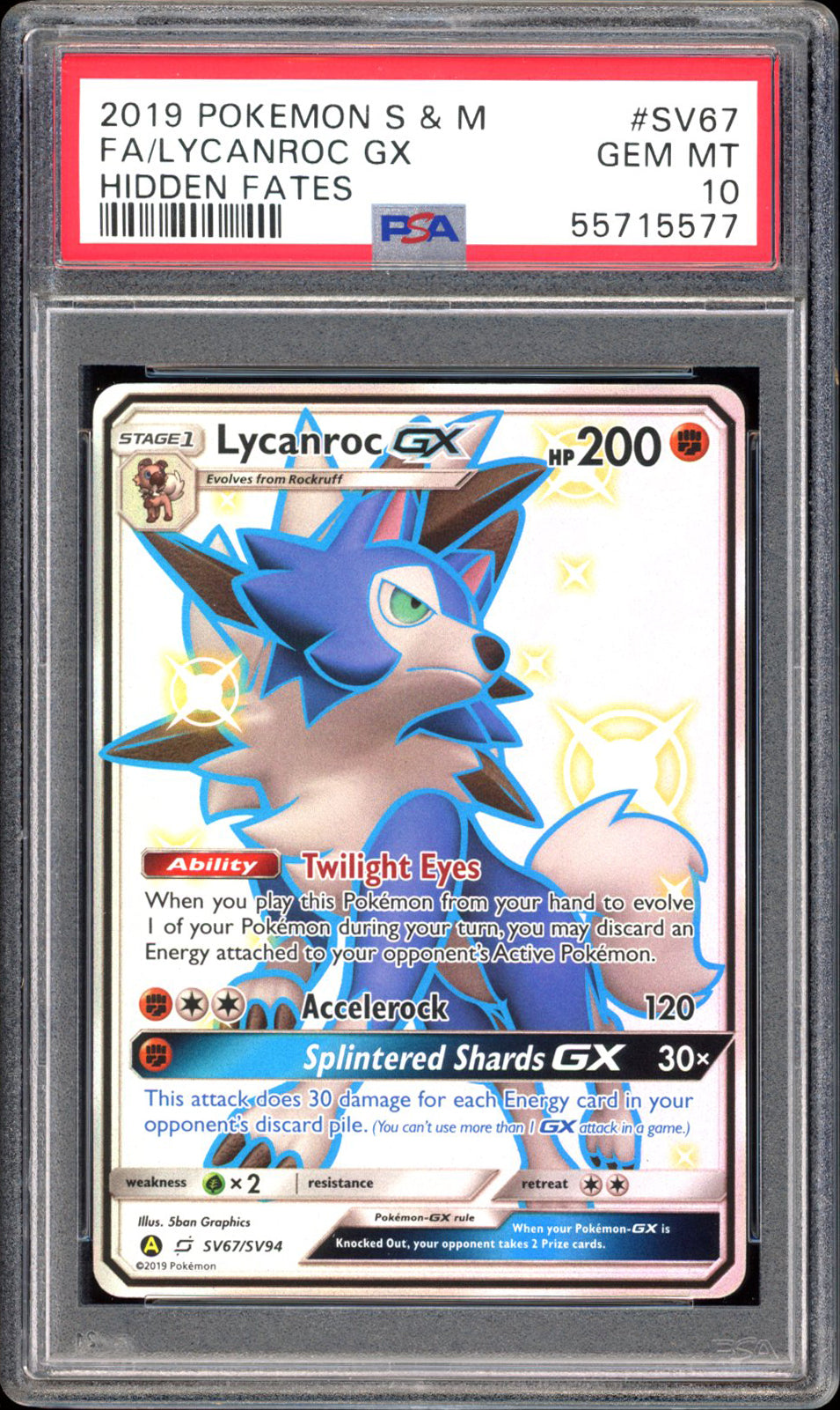 Lycanroc GX SV67 - PSA 10 - Hidden Fates Full Art