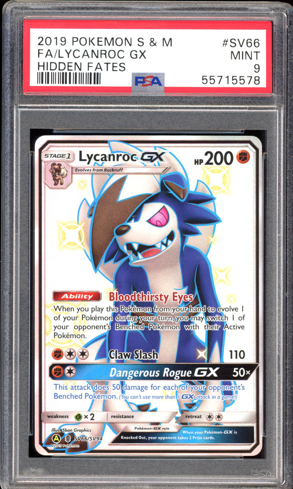 Lycanroc GX SV66 - PSA 9 - Hidden Fates Full Art