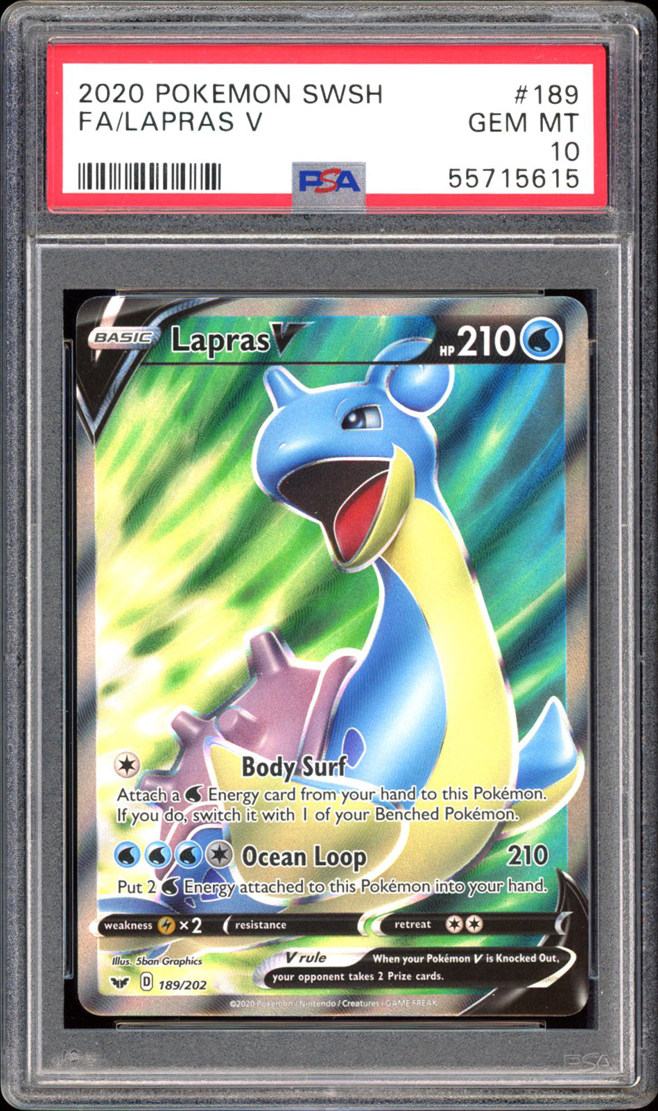 Lapras V  189/202 - PSA 10 - Sword & Shield Full Art