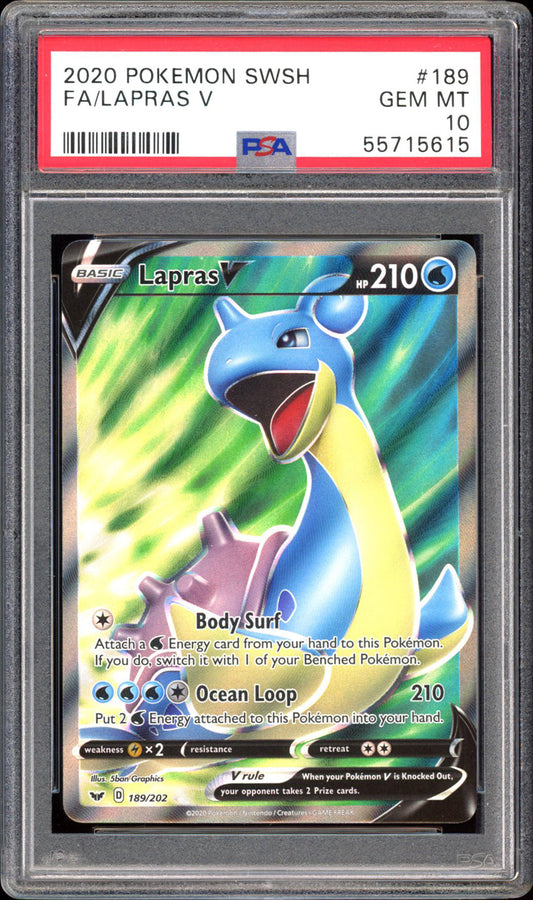 Lapras V  189/202 - PSA 10 - Sword & Shield Full Art