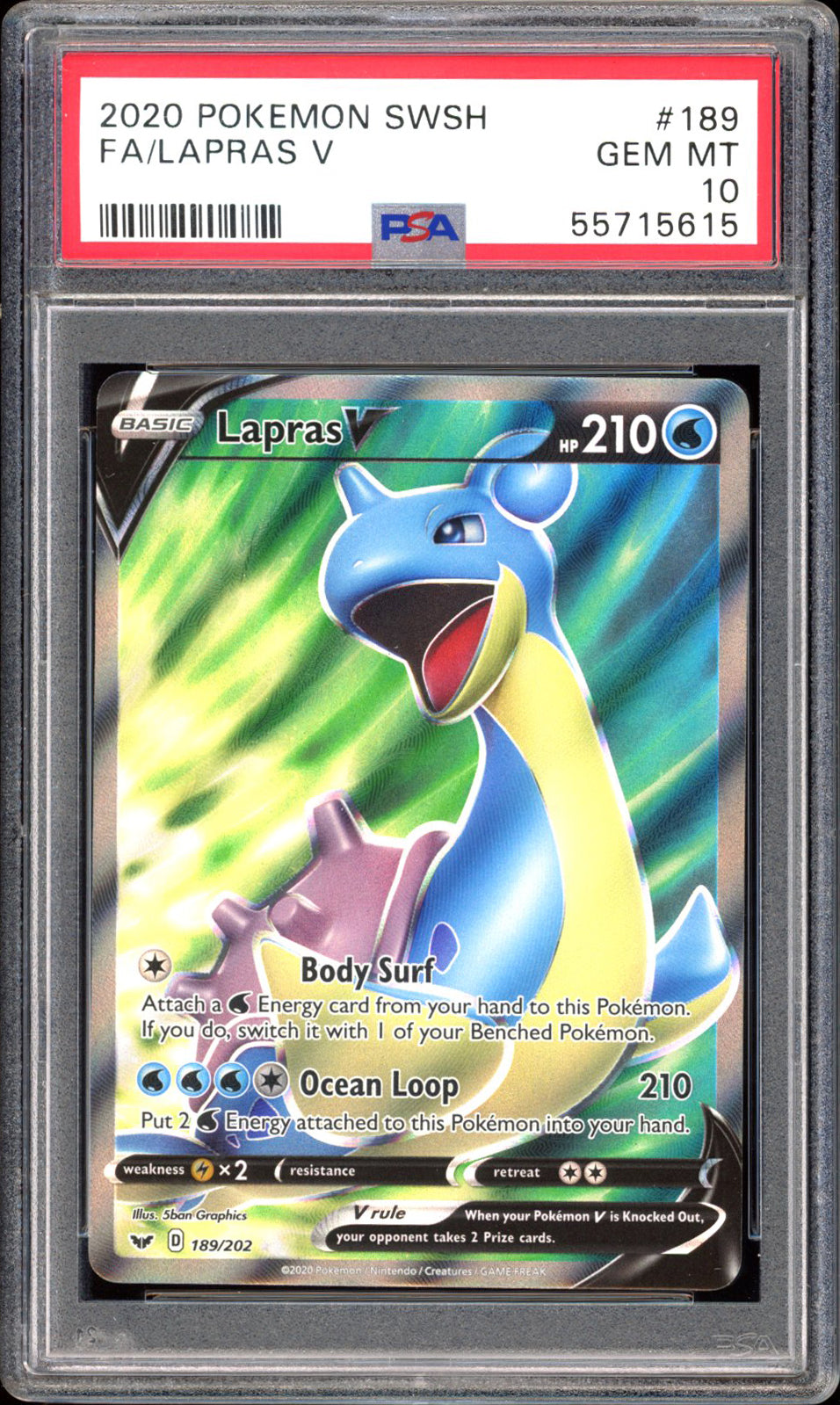 Lapras V  189/202 - PSA 10 - Sword & Shield Full Art