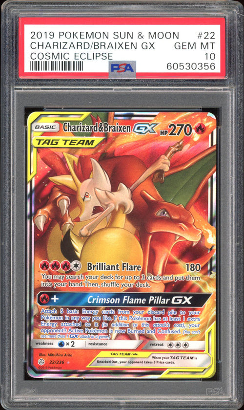 Charizard & Braixen GX - PSA 10 - Cosmic Eclipse - #22 - Holo