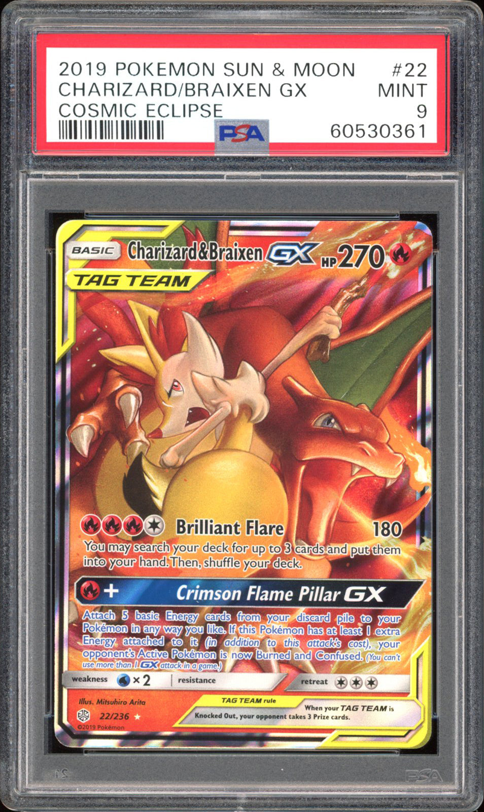 Charizard & Braixen GX - PSA 9 - Cosmic Eclipse - #22 - Holo