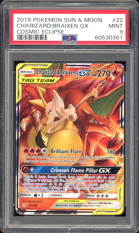 Charizard & Braixen GX - PSA 9 - Cosmic Eclipse - #22 - Holo