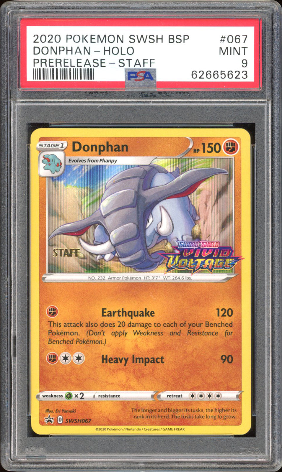 Donphan SWSH067 - PSA 9 - Pre Release STAFF Holo